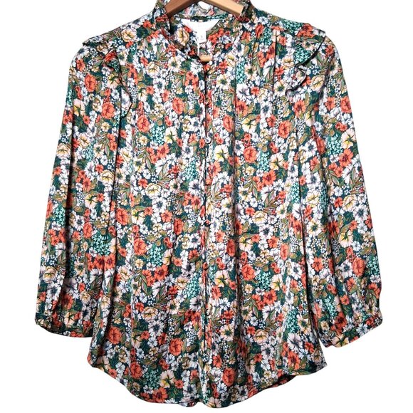 LC Lauren Conrad Tops - Lauren Conrad Blouse Small Green Peach Floral Button Front Ruffle Country Flower